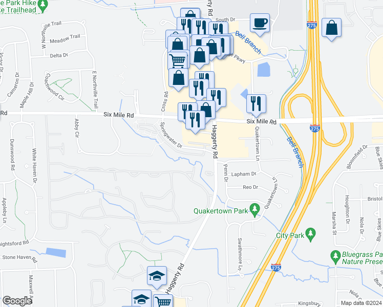 map of restaurants, bars, coffee shops, grocery stores, and more near 39426 Oakmont Court in Northville