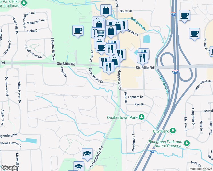 map of restaurants, bars, coffee shops, grocery stores, and more near 39426 Oakmont Court in Northville