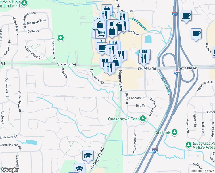 map of restaurants, bars, coffee shops, grocery stores, and more near 39426 Oakmont Court in Northville