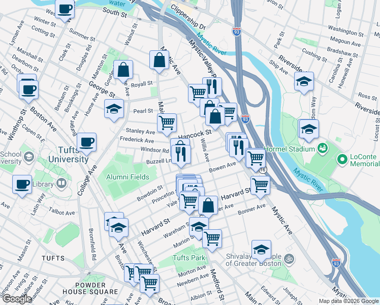map of restaurants, bars, coffee shops, grocery stores, and more near 32 Billings Avenue in Medford