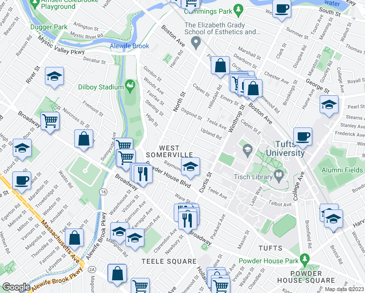 map of restaurants, bars, coffee shops, grocery stores, and more near 142 Adams Street in Somerville