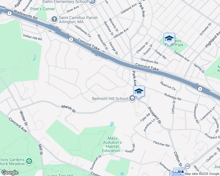 map of restaurants, bars, coffee shops, grocery stores, and more near 45 Wellesley Road in Belmont