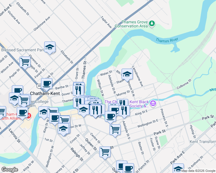 map of restaurants, bars, coffee shops, grocery stores, and more near 75 William Street North in Chatham