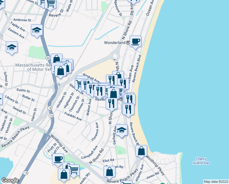 map of restaurants, bars, coffee shops, grocery stores, and more near North Shore Road & Beach Street in Revere