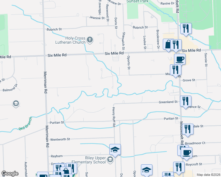 map of restaurants, bars, coffee shops, grocery stores, and more near 16561 Henry Ruff Road in Livonia