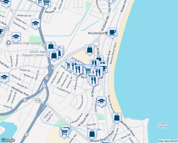 map of restaurants, bars, coffee shops, grocery stores, and more near 156 Shirley Avenue in Revere