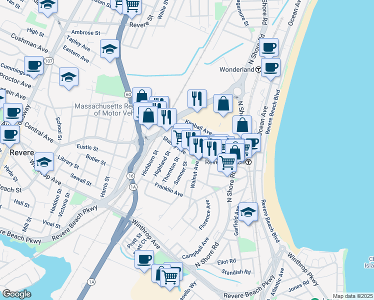 map of restaurants, bars, coffee shops, grocery stores, and more near 90b Shirley Avenue in Revere