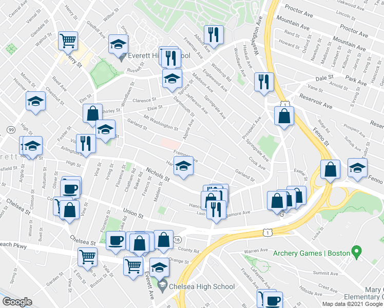 map of restaurants, bars, coffee shops, grocery stores, and more near 149 Fremont Avenue in Everett