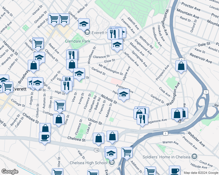 map of restaurants, bars, coffee shops, grocery stores, and more near 79 Harvard Street in Everett