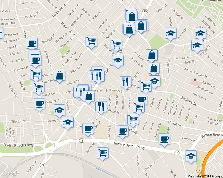 map of restaurants, bars, coffee shops, grocery stores, and more near 48 Argyle Street in Everett