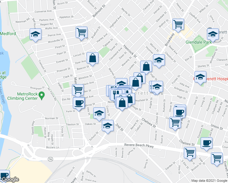 map of restaurants, bars, coffee shops, grocery stores, and more near 25 Devens Street in Everett