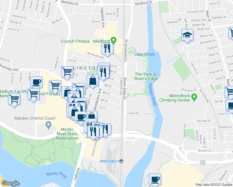 map of restaurants, bars, coffee shops, grocery stores, and more near 4 5th Street in Medford