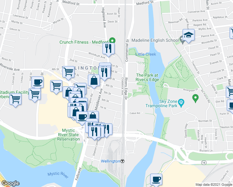 map of restaurants, bars, coffee shops, grocery stores, and more near 4 5th Street in Medford