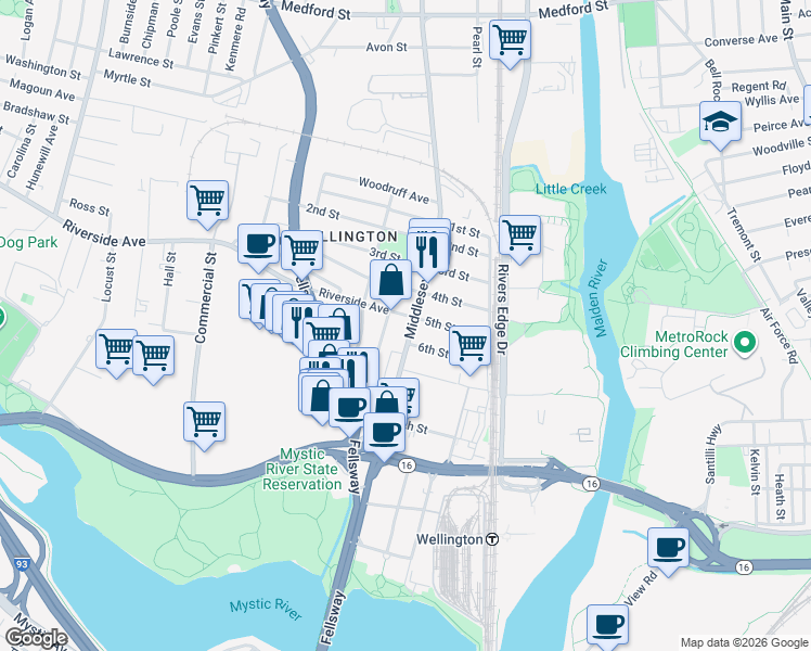 map of restaurants, bars, coffee shops, grocery stores, and more near 167 Middlesex Avenue in Medford