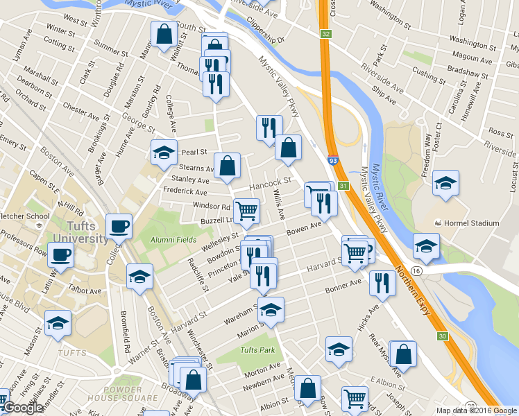 map of restaurants, bars, coffee shops, grocery stores, and more near 32 Billings Avenue in Medford