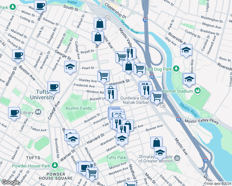 map of restaurants, bars, coffee shops, grocery stores, and more near 32 Billings Avenue in Medford