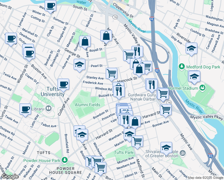 map of restaurants, bars, coffee shops, grocery stores, and more near 20 Buzzell Lane in Medford