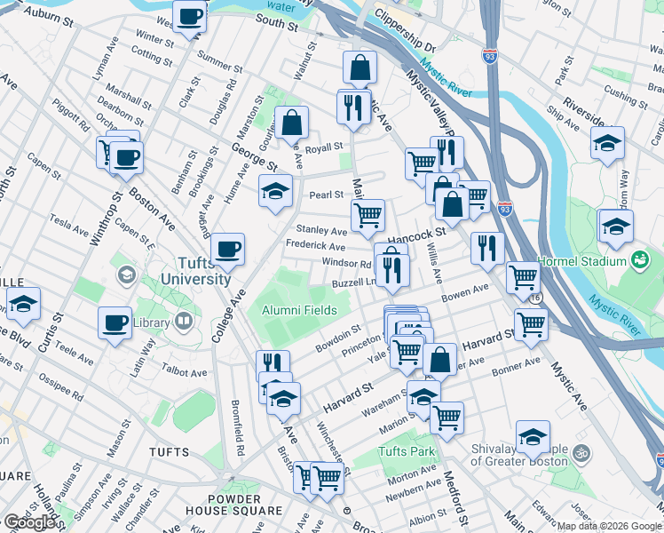 map of restaurants, bars, coffee shops, grocery stores, and more near 26 Renfrew Street in Medford