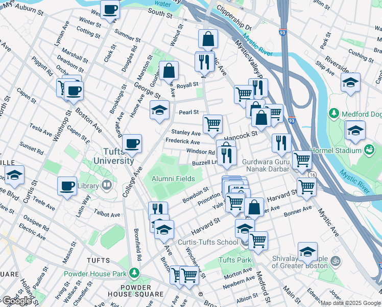 map of restaurants, bars, coffee shops, grocery stores, and more near 26 Renfrew Street in Medford