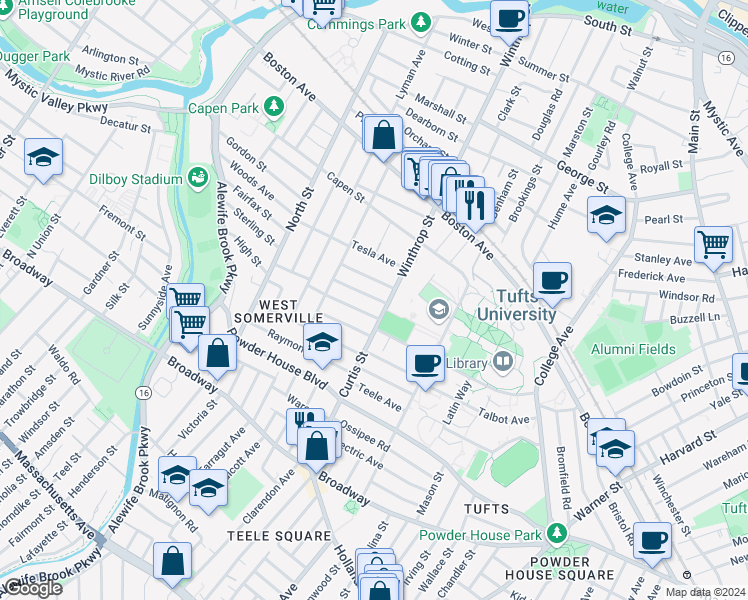 map of restaurants, bars, coffee shops, grocery stores, and more near in Somerville