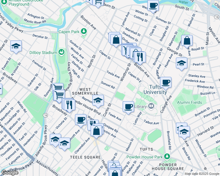map of restaurants, bars, coffee shops, grocery stores, and more near 27 Curtis Avenue in Somerville