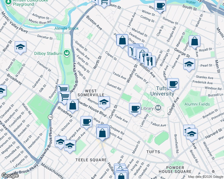 map of restaurants, bars, coffee shops, grocery stores, and more near 27 Curtis Avenue in Somerville
