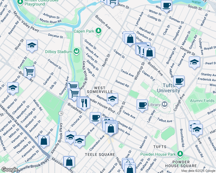 map of restaurants, bars, coffee shops, grocery stores, and more near 54 Curtis Avenue in Somerville