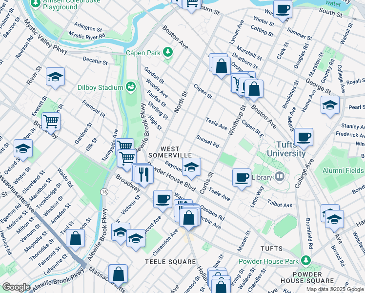 map of restaurants, bars, coffee shops, grocery stores, and more near 54 Curtis Avenue in Somerville