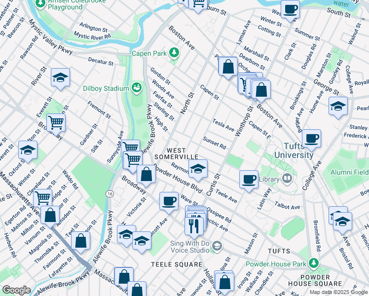 map of restaurants, bars, coffee shops, grocery stores, and more near in Somerville