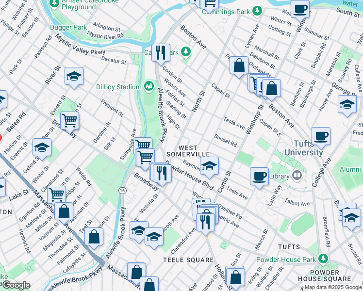 map of restaurants, bars, coffee shops, grocery stores, and more near in Somerville