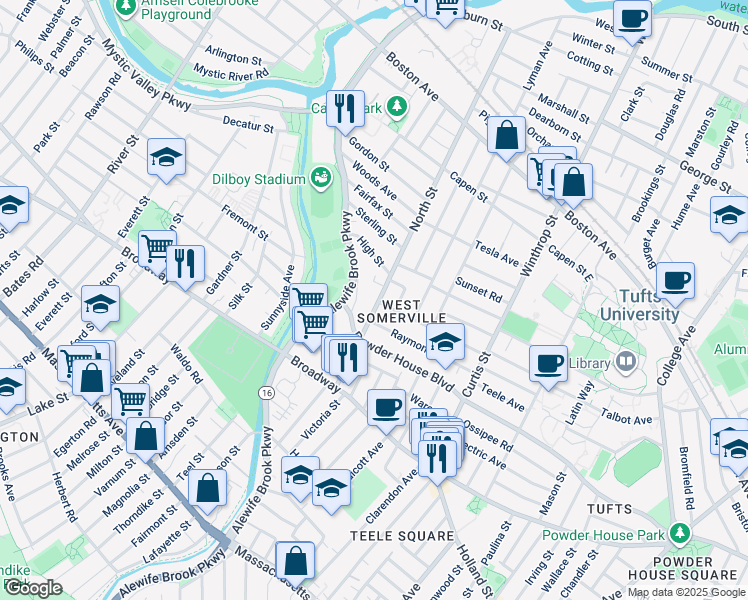 map of restaurants, bars, coffee shops, grocery stores, and more near 66 North Street in Somerville