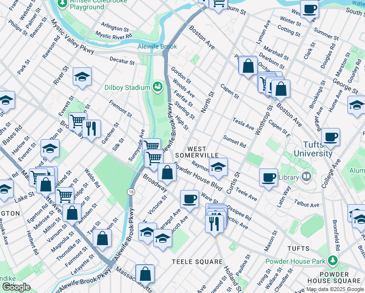 map of restaurants, bars, coffee shops, grocery stores, and more near 66 North Street in Somerville
