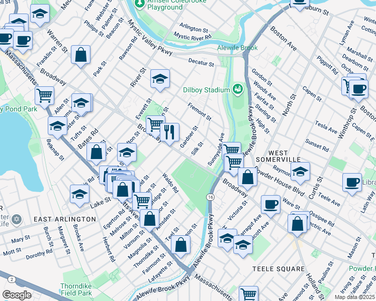 map of restaurants, bars, coffee shops, grocery stores, and more near in Arlington