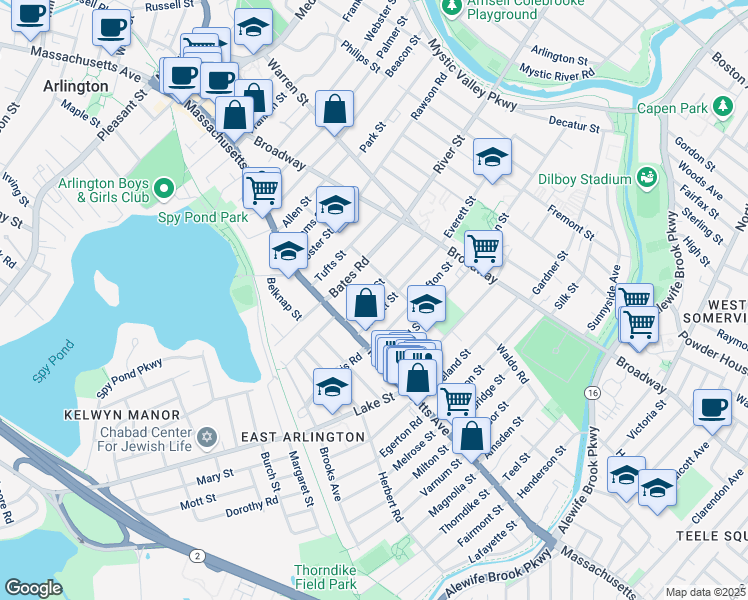 map of restaurants, bars, coffee shops, grocery stores, and more near 21 Everett Street in Arlington