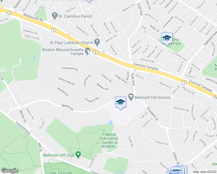 map of restaurants, bars, coffee shops, grocery stores, and more near 60 Wellesley Road in Belmont