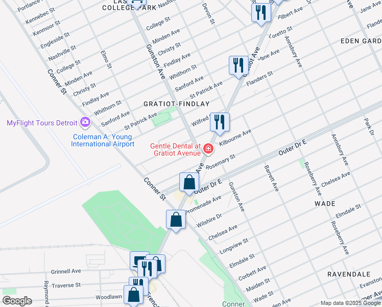 map of restaurants, bars, coffee shops, grocery stores, and more near 11183 Rosemary Street in Detroit