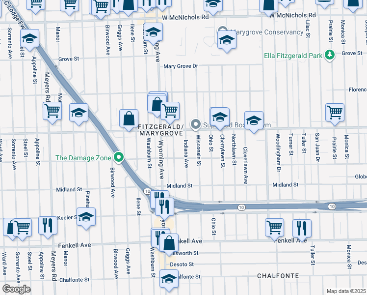 map of restaurants, bars, coffee shops, grocery stores, and more near 15800 Kentucky Street in Detroit