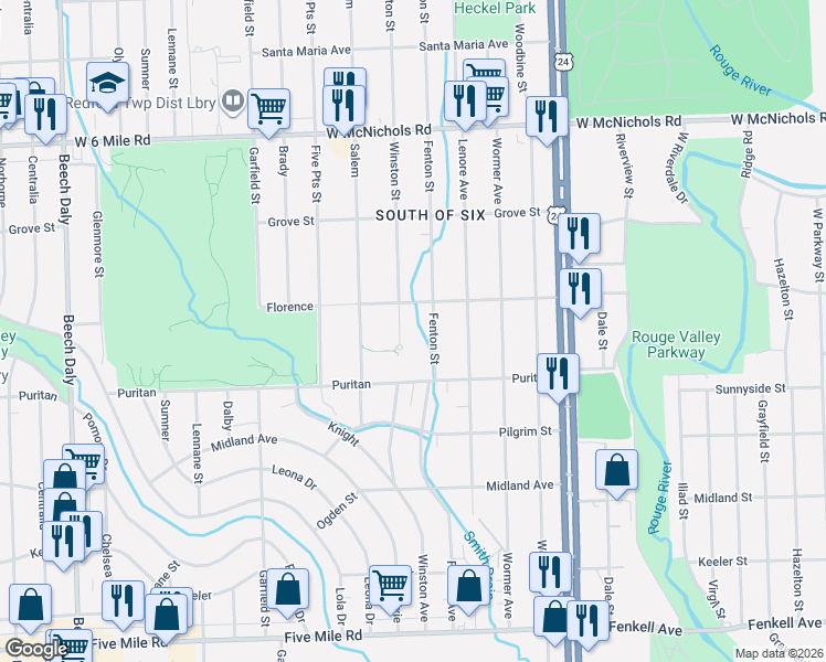 map of restaurants, bars, coffee shops, grocery stores, and more near 16161 Winston in Detroit