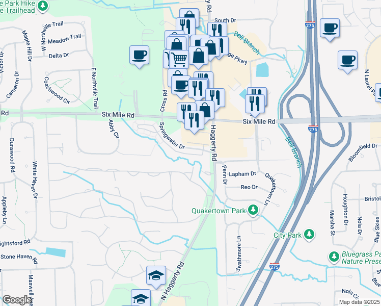 map of restaurants, bars, coffee shops, grocery stores, and more near 39426 Oakmont Court in Northville