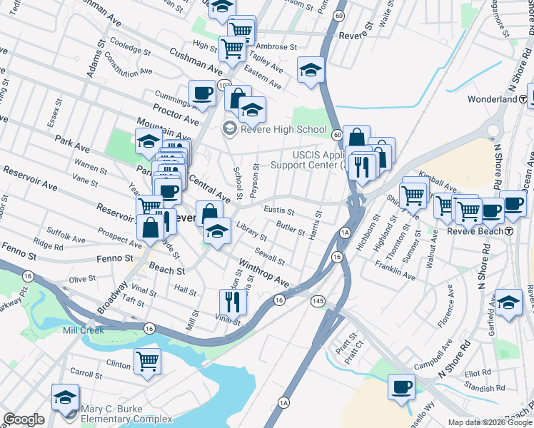 map of restaurants, bars, coffee shops, grocery stores, and more near 17 Norman Street in Revere