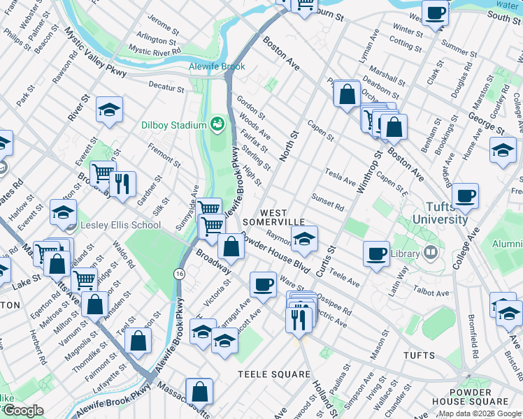 map of restaurants, bars, coffee shops, grocery stores, and more near 66 North Street in Somerville