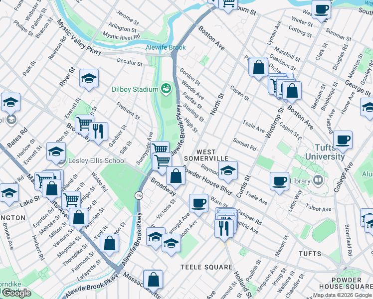 map of restaurants, bars, coffee shops, grocery stores, and more near 66 North Street in Somerville