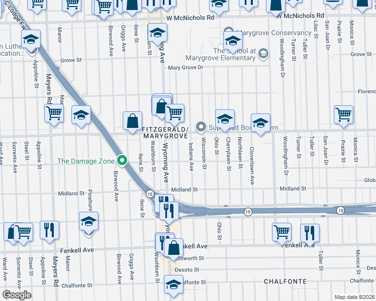 map of restaurants, bars, coffee shops, grocery stores, and more near 15800 Kentucky Street in Detroit