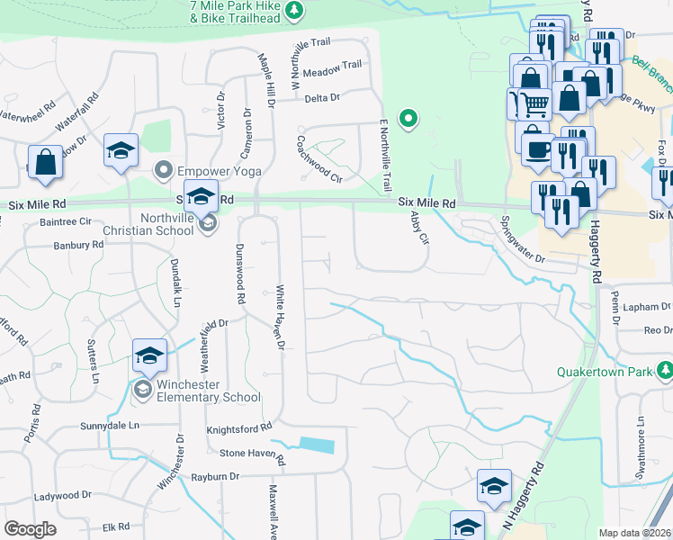 map of restaurants, bars, coffee shops, grocery stores, and more near 39844 Muirfield Lane in Northville