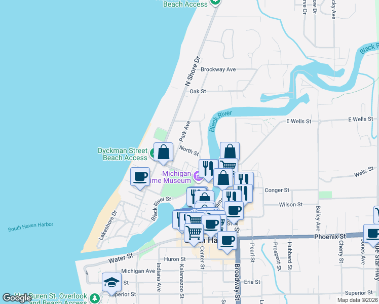 map of restaurants, bars, coffee shops, grocery stores, and more near 220 Park Avenue in South Haven