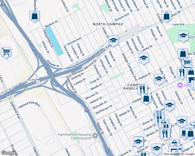 map of restaurants, bars, coffee shops, grocery stores, and more near 2127 Meade Avenue in Hamtramck