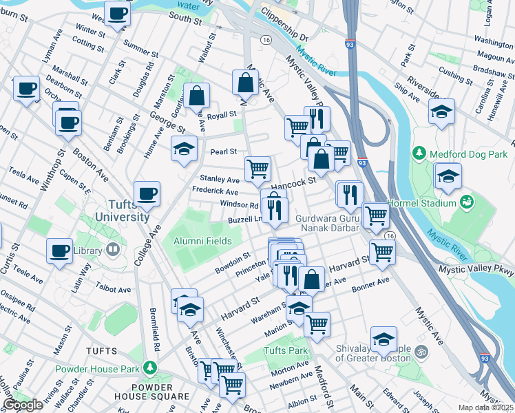 map of restaurants, bars, coffee shops, grocery stores, and more near 20 Buzzell Lane in Medford