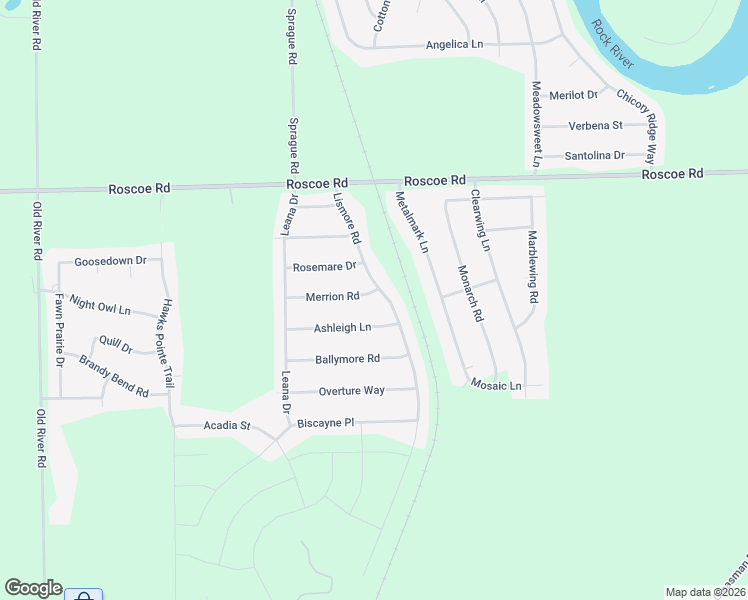 map of restaurants, bars, coffee shops, grocery stores, and more near 663 Ashleigh Lane in Roscoe