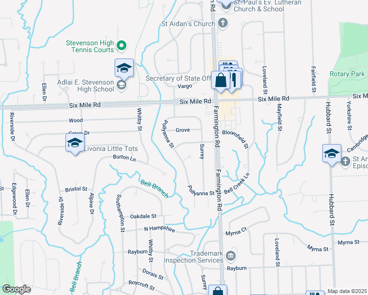 map of restaurants, bars, coffee shops, grocery stores, and more near 16725 Pollyanna Street in Livonia