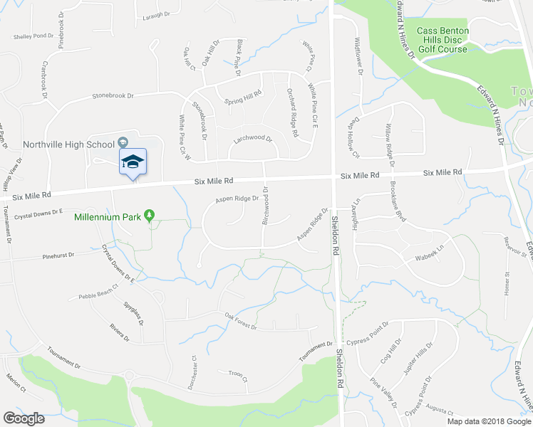 map of restaurants, bars, coffee shops, grocery stores, and more near 17059 Birchwood Drive in Northville